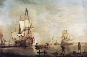 Thomas Mellish The Royal Caroline in a calm estuary flying a Royal standard and surrounded by an attendant barge and other small boats china oil painting artist